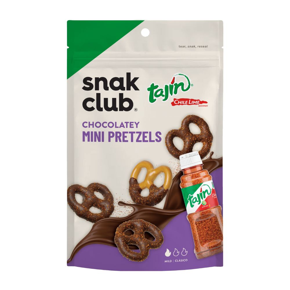 Confezione da 57g, pretzels ricoperti di cioccolato e tajin Snack Club.