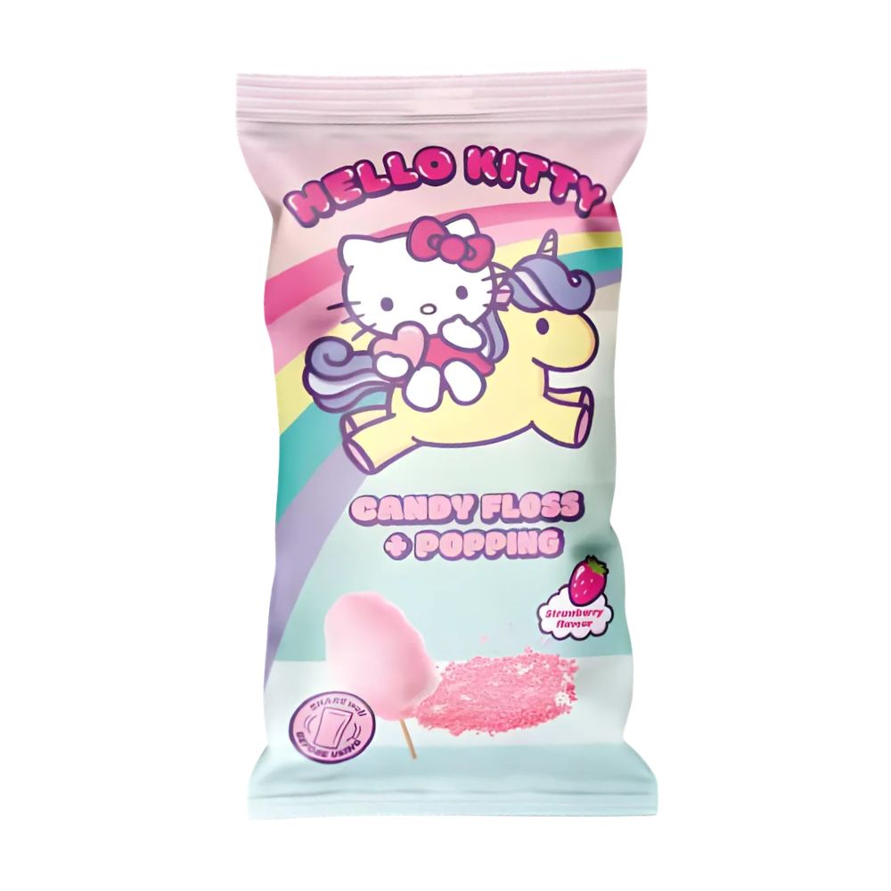 Hello Kitty Candy Floss & Popping Stickers, zucchero filato e caramelle frizzanti al gusto di fragola da 11g.