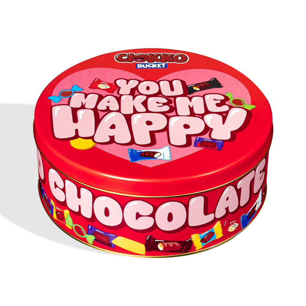 Ciokko Bucket “You make me happy”, een blik van 1 kg chocolaatjes die je kunt samenstellen met de favoriete smaken van je wederhelft