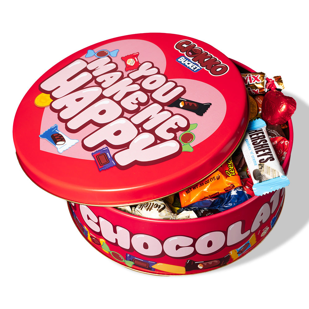 Ciokko Bucket “You make me happy”, een blik van 1 kg chocolaatjes die je kunt samenstellen met de favoriete smaken van je wederhelft