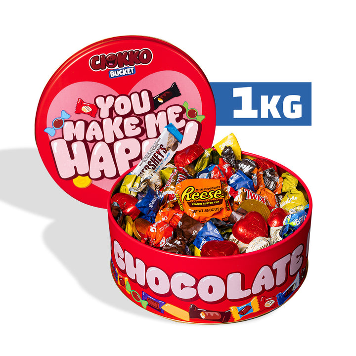 Ciokko Bucket “You make me happy”, een blik van 1 kg chocolaatjes die je kunt samenstellen met de favoriete smaken van je wederhelft