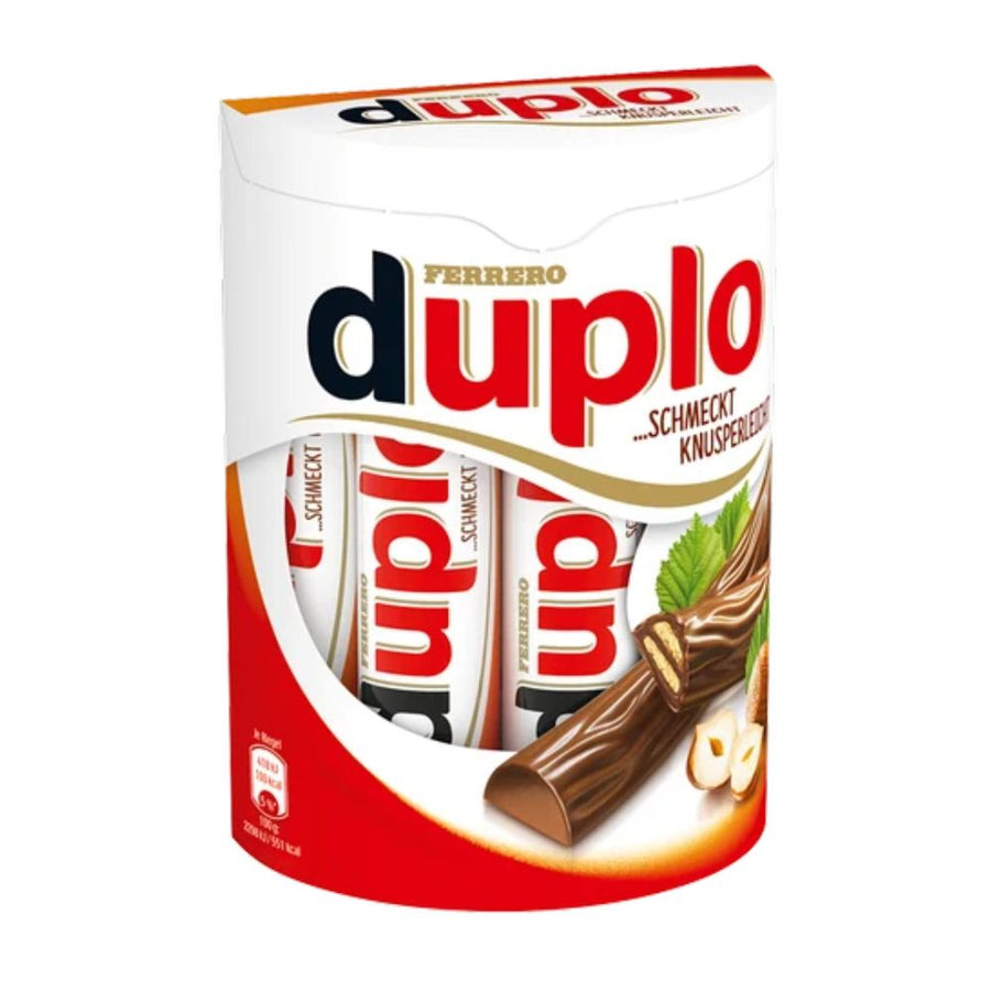 Confezione da 182g, cioccolato al latte ripieno con wafer e crema di nocciole Duplo.