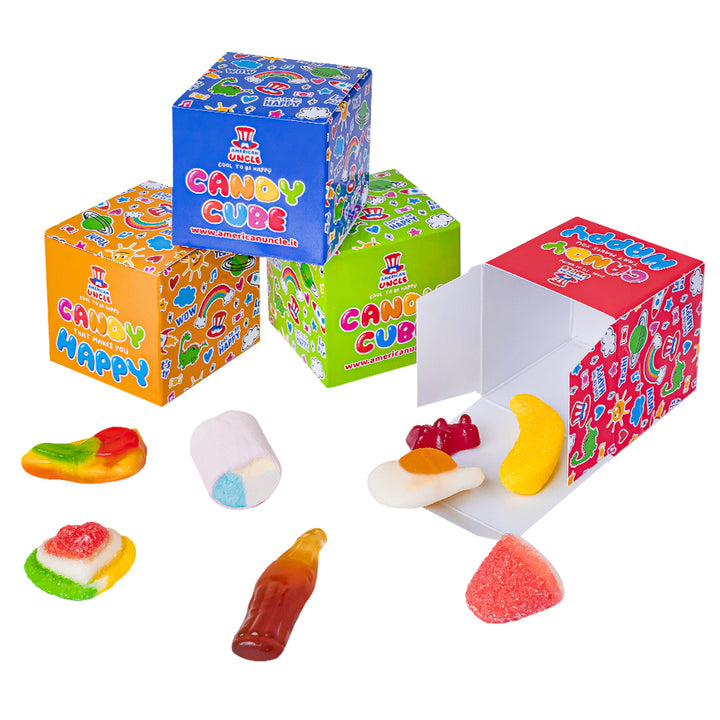 Candy Cube Kit "Party", doosjes van 50g gomballen ideaal als feestafsluiter gadgets (25, 50 of 75 stuks)