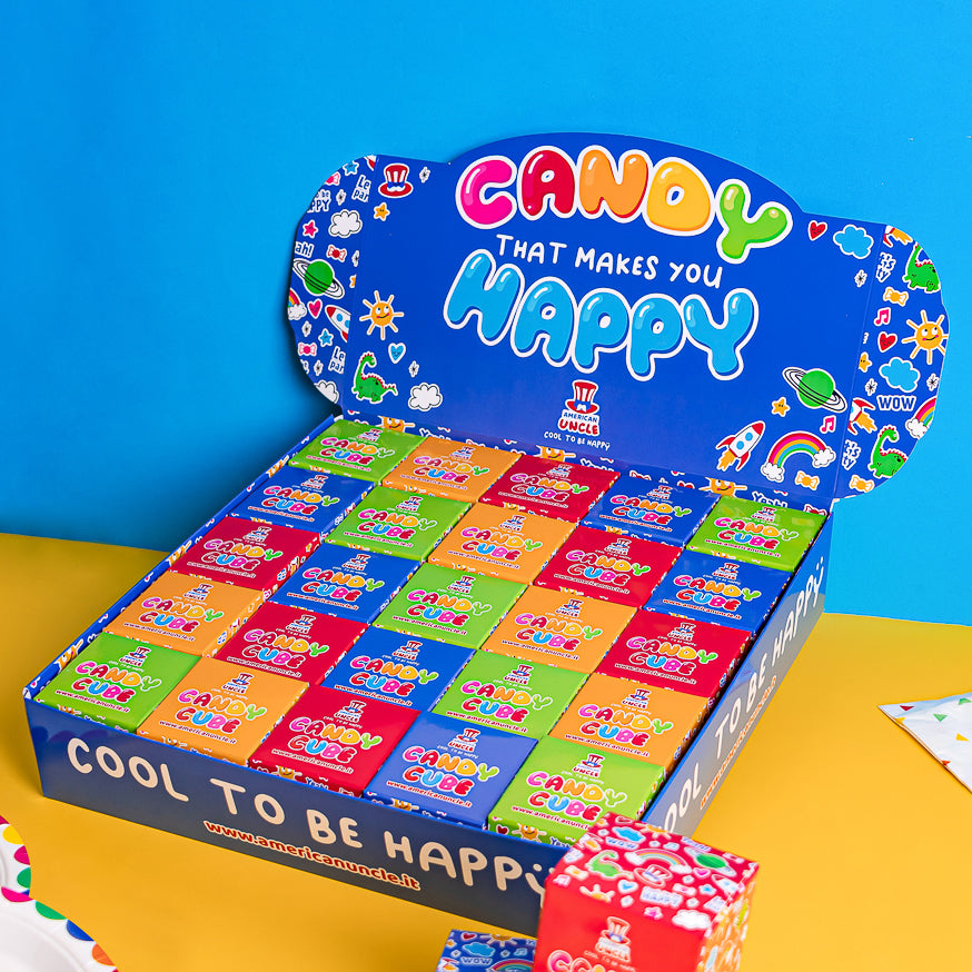 Kit per ragalini fine festa: 25 scatoline ripiene di caramelle con espositore