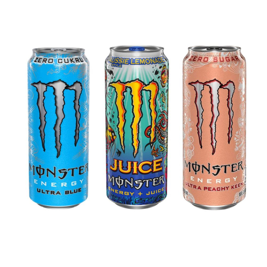 Monster Mix: Monster Blue da 500ml, Monster Energy Aussie Lemonade da 500ml, Monster Energy Ultra Peachy Keen da 500ml.