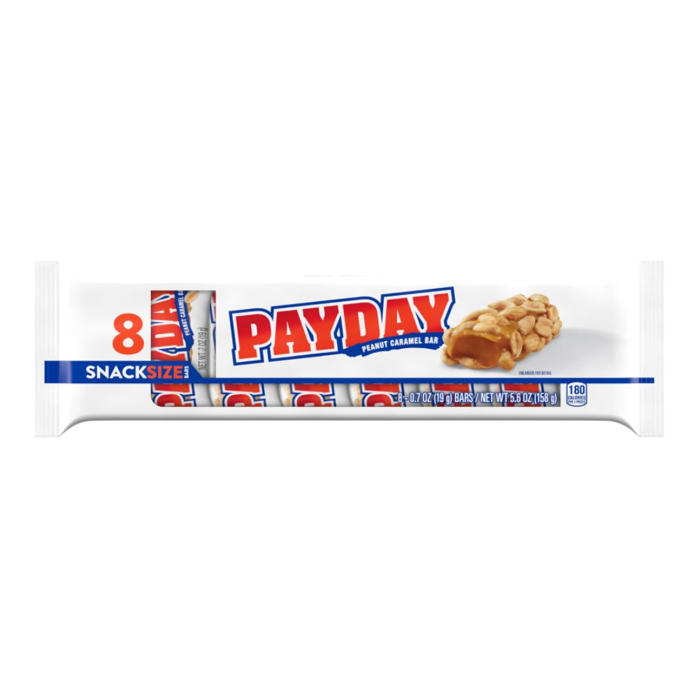 Confezione da 158g, 8 mini snack di arachidi e caramello Payday.