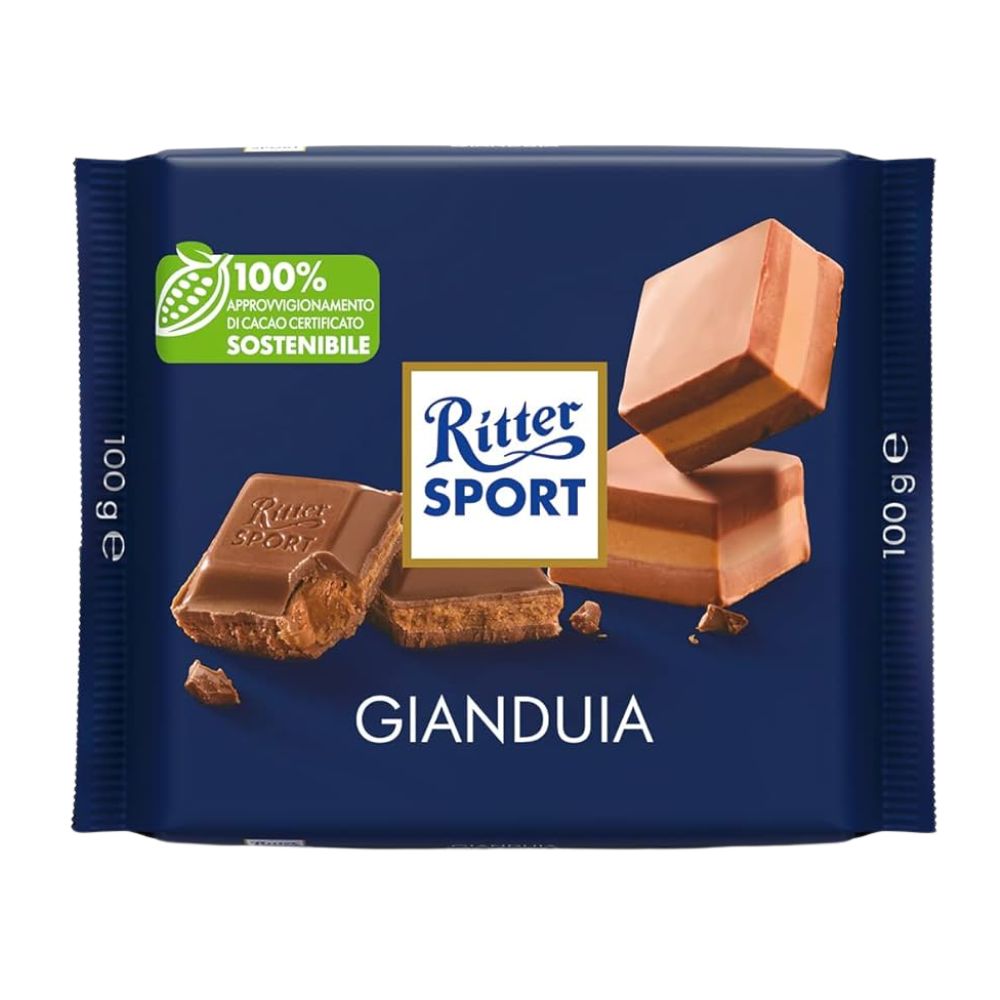 Confezione da 100g, cioccolato al latte extra con ripieno alle nocciole gianduia Ritter Sport.