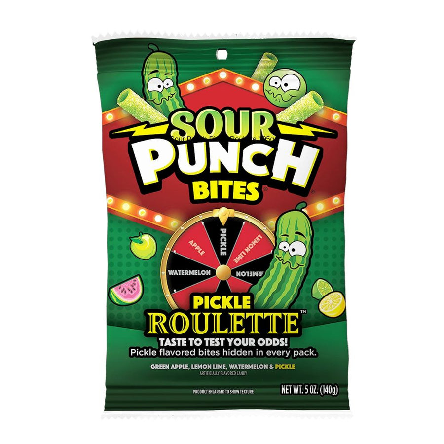 Sour Punch Bites Pickle Roulette, caramelle gommose gusti a sorpresa da 105g.
