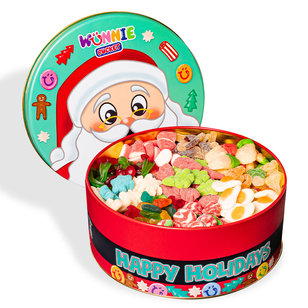 Wunnie Bucket "Fijne Feestdagen", 3kg blik met gummy snoepjes om samen te stellen met je favoriete smaken