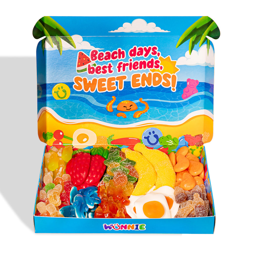 Wunnie Box Summer Edition, foto frontale  con caramelle gommose e design del tema spiaggia