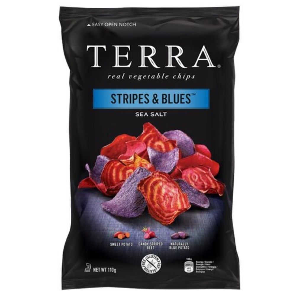 Terra Real Vegetable Chips Stripe & Blues, zoete aardappel en radijs chips met zeezout van 110g
