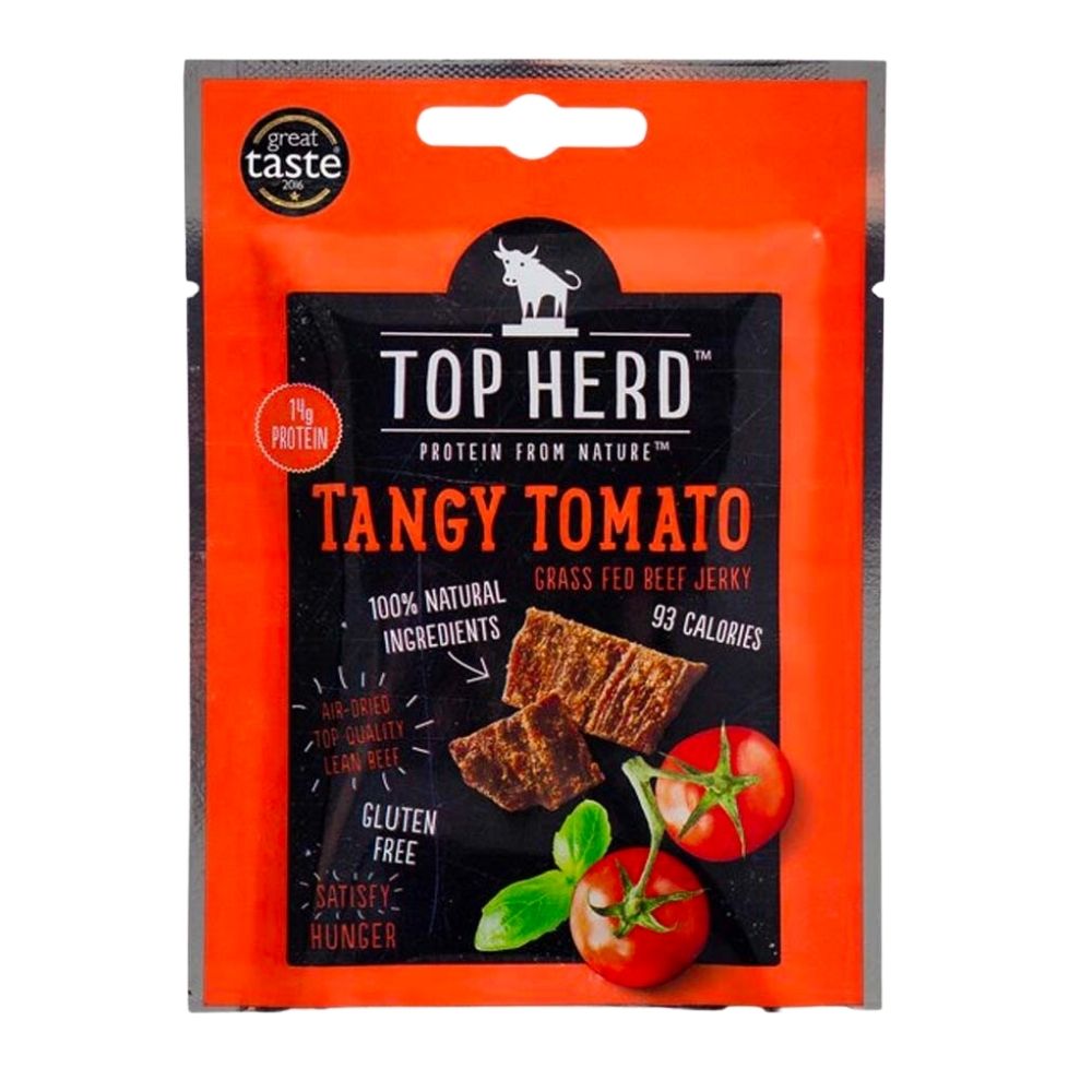 Confezione da 35g di carne di manzo al pomodoro Top Herd Tangy Tomato Grass Fed Beef Jerky