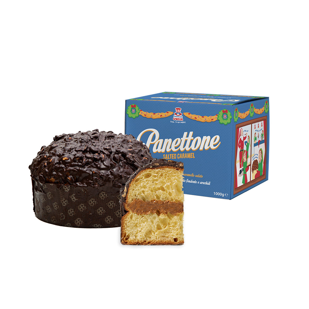 De Panettone van American Uncle, ambachtelijke panettone gevuld met gezouten karamel met een pure chocolade en pinda's coating van 1kg
