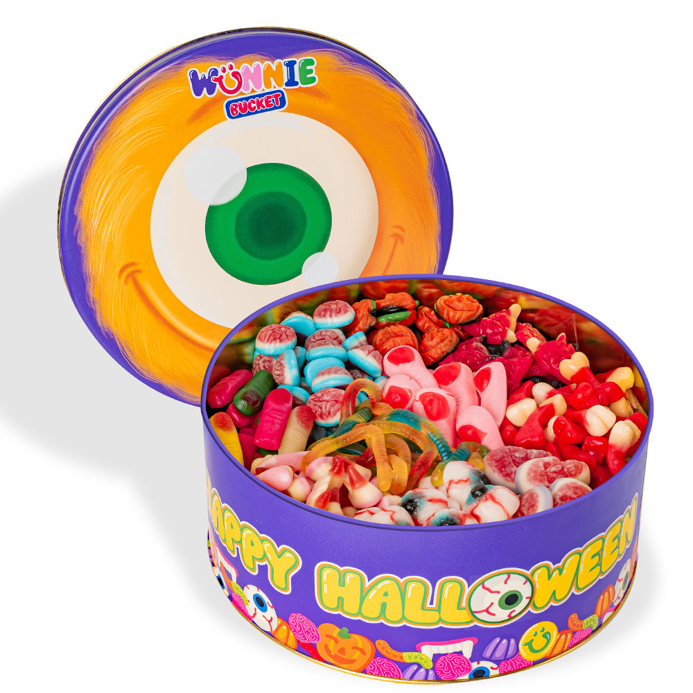 Wunnie Bucket "Happy Halloween", 3kg blik met gom snoepjes om te vullen met je favoriete smaken 