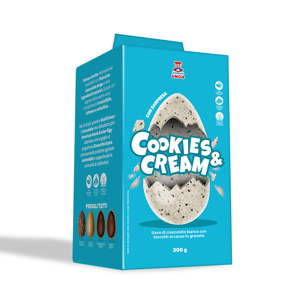American Uncle Cookies & Cream Easter Egg, wit chocolade paasei met cacao koekjesstukjes van 300 g 