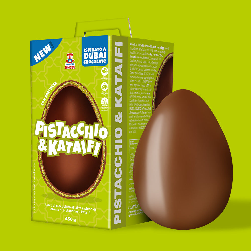 American Uncle Pistache & Kataifi Paasei, paasei Dubai Chocolade - melkchocolade gevuld met pistache en Kataifi crème van 450 g 