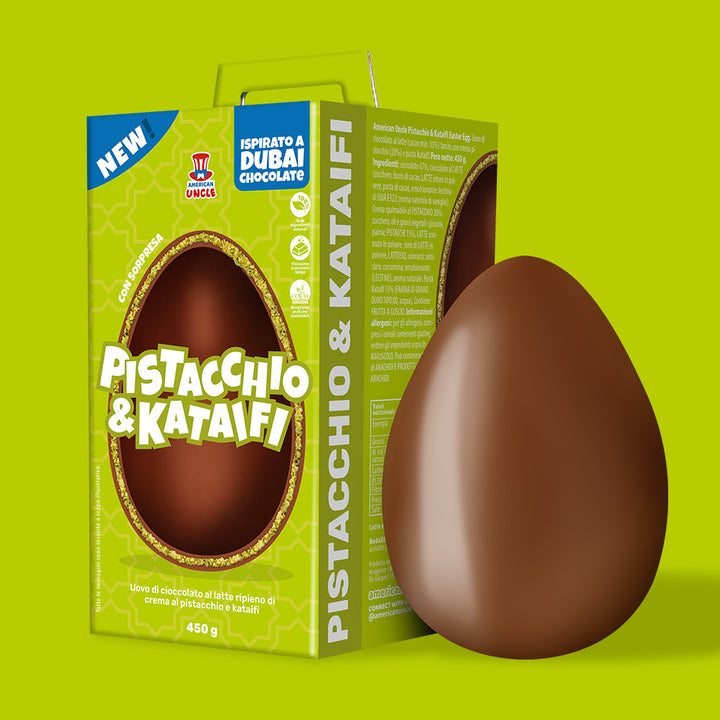 American Uncle Pistache & Kataifi Paasei, paasei Dubai Chocolade - melkchocolade gevuld met pistache en Kataifi crème van 450 g 