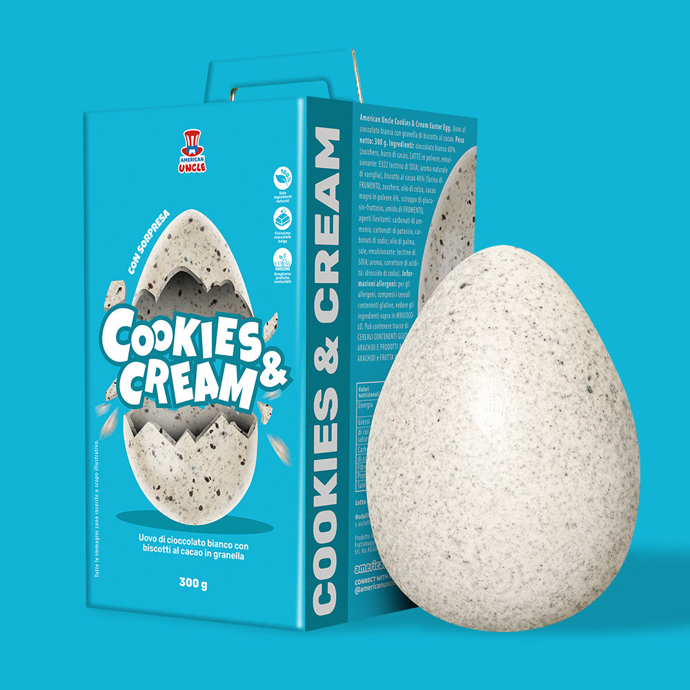 American Uncle Cookies & Cream Easter Egg, wit chocolade paasei met cacao koekjesstukjes van 300 g 