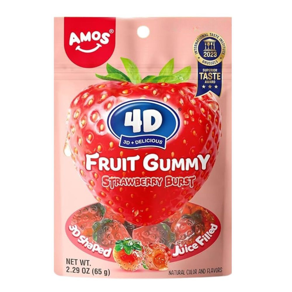 Amos 4D Fruit Gummy Strawberry Burst, gomma's gevuld met aardbeiensmaak van 65g 