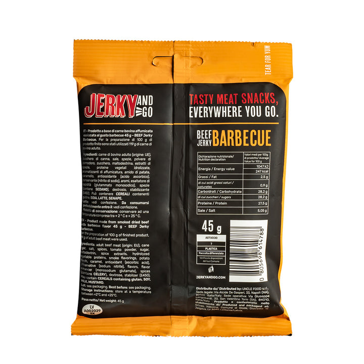 Jerky and Go Beef Jerky Barbecue, gedroogd rundvlees met barbecuesmaak van 45g 