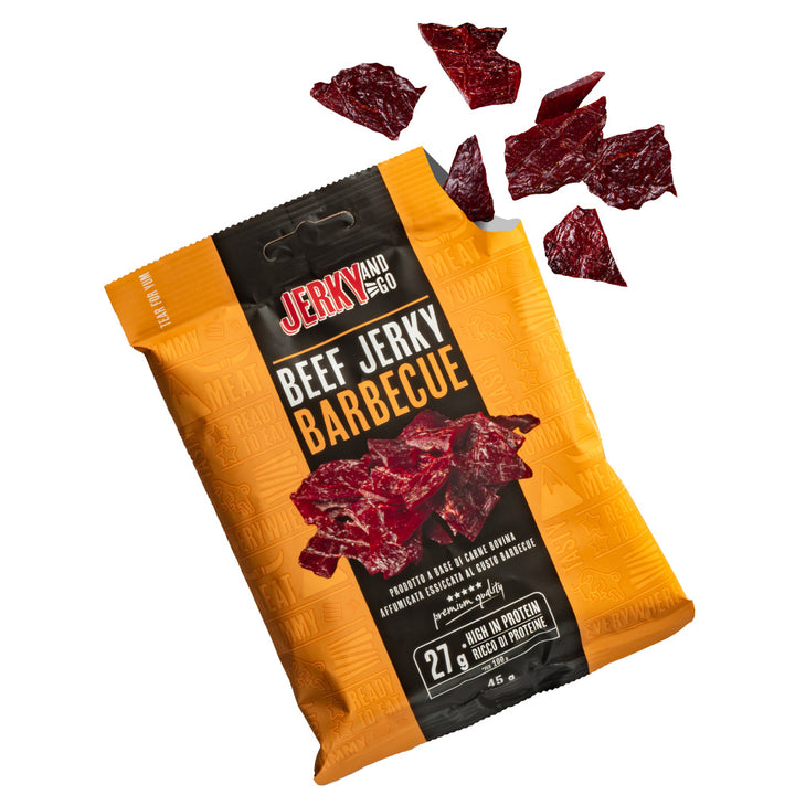 Jerky and Go Beef Jerky Barbecue, gedroogd rundvlees met barbecuesmaak van 45g 