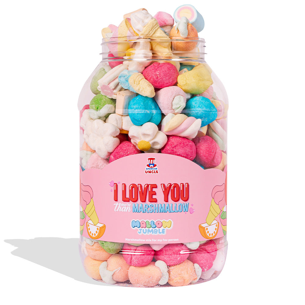 Mallow Jumble “Ik hou meer van jou dan van marshmallow”, pot van marshmallow om samen te stellen met je favoriete smaken 