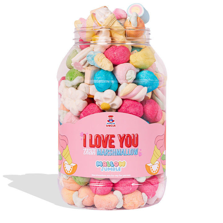 Mallow Jumble “Ik hou meer van jou dan van marshmallow”, pot van marshmallow om samen te stellen met je favoriete smaken 