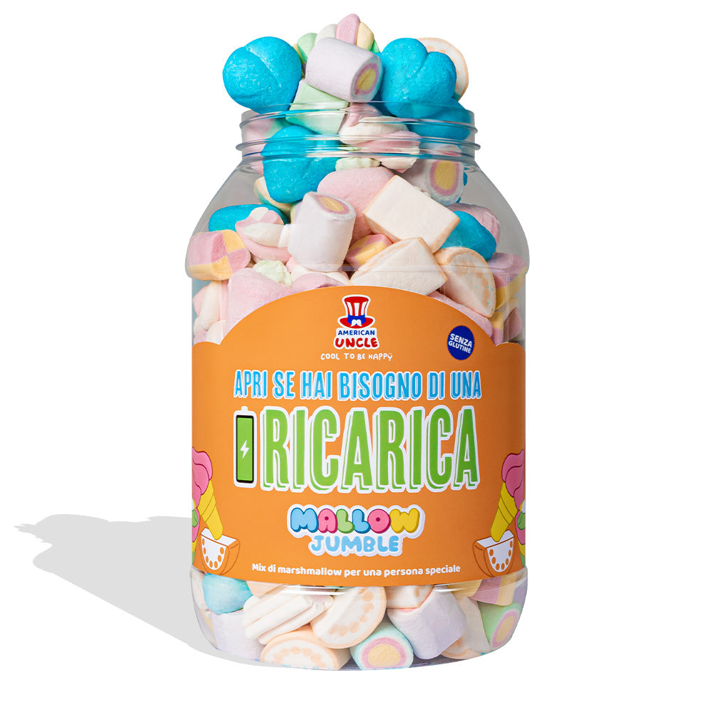 Mallow Jumble "Open als je een opkikker nodig hebt", pot met marshmallows om samen te stellen met je favoriete smaken 