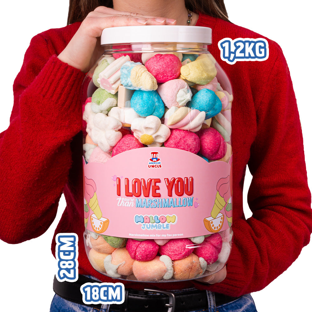 Mallow Jumble “Ik hou meer van jou dan van marshmallow”, pot van marshmallow om samen te stellen met je favoriete smaken 