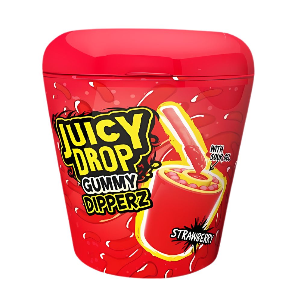 Bazooka Juicy Drop Gummy Dipperz Aardbei, gomballen en gel met aardbeiensmaak van 96g 