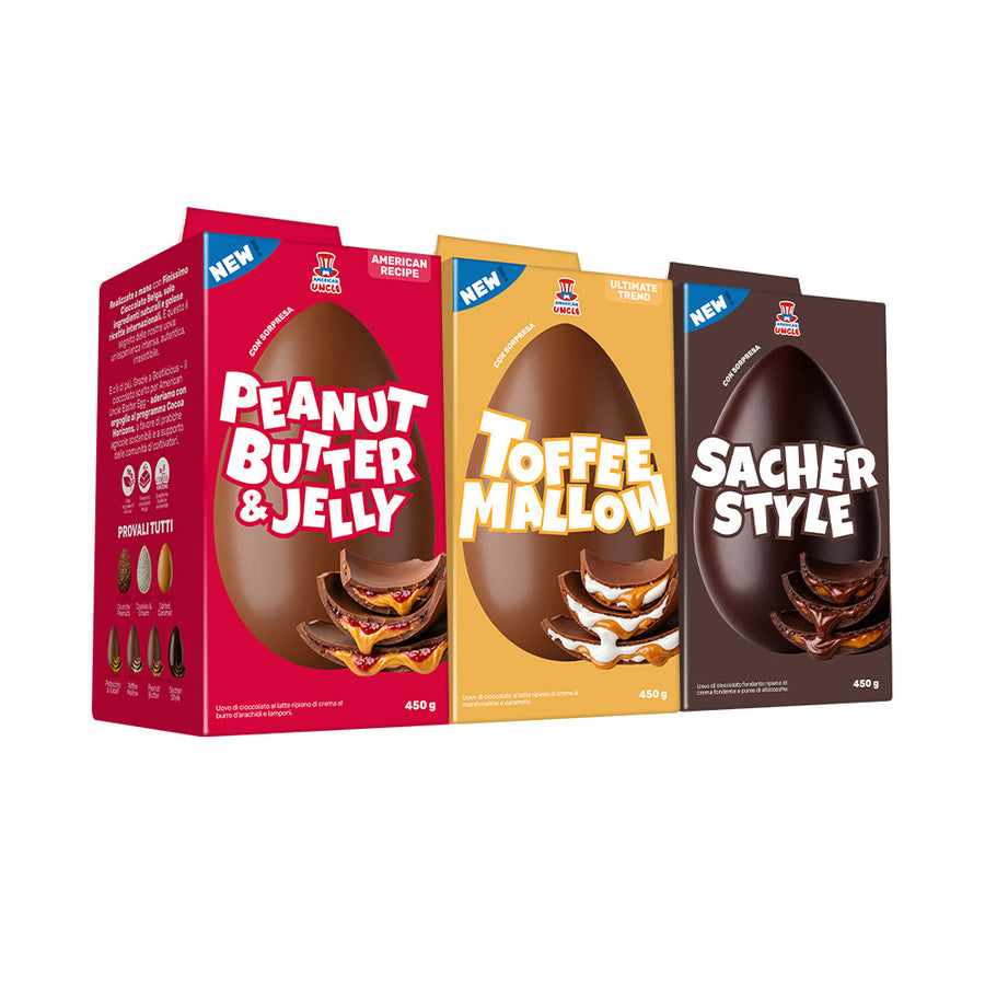 Bundel van 3 paaseieren: pindakaas & jelly, toffee marshmallow, Sacher-stijl