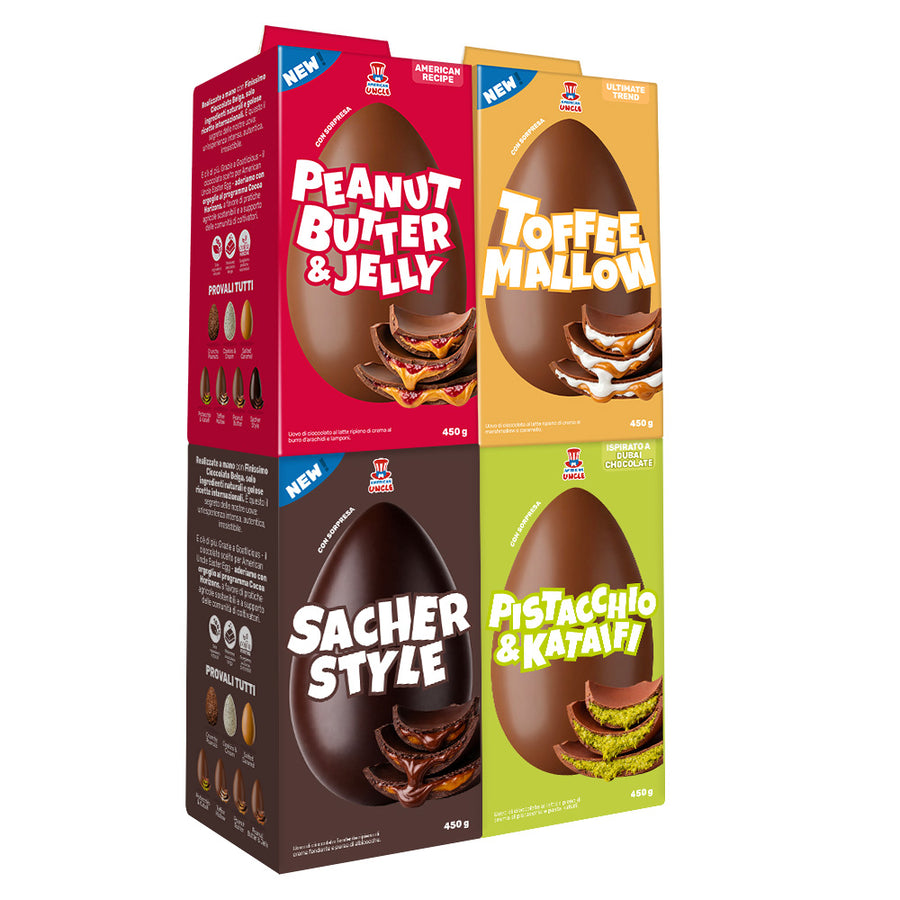 Set van 4 eieren: pindakaas & jelly, toffee mallow, sacher stijl, pistache & katafii