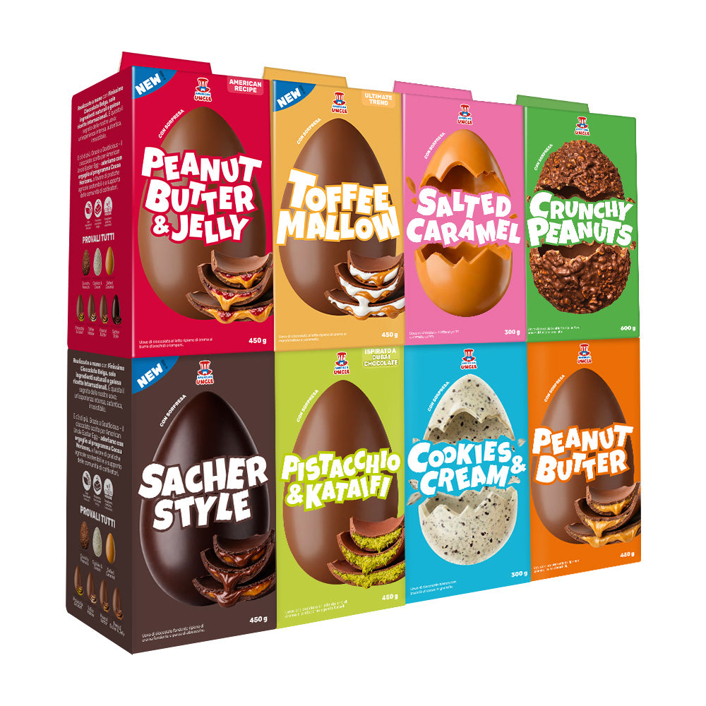 Alle paaseieren: pindakaas en jam, karamel en marshmallow, gezouten karamel, knapperige pinda's, jam en pure chocolade, pistache en kataifi, cookies and cream, pindakaas