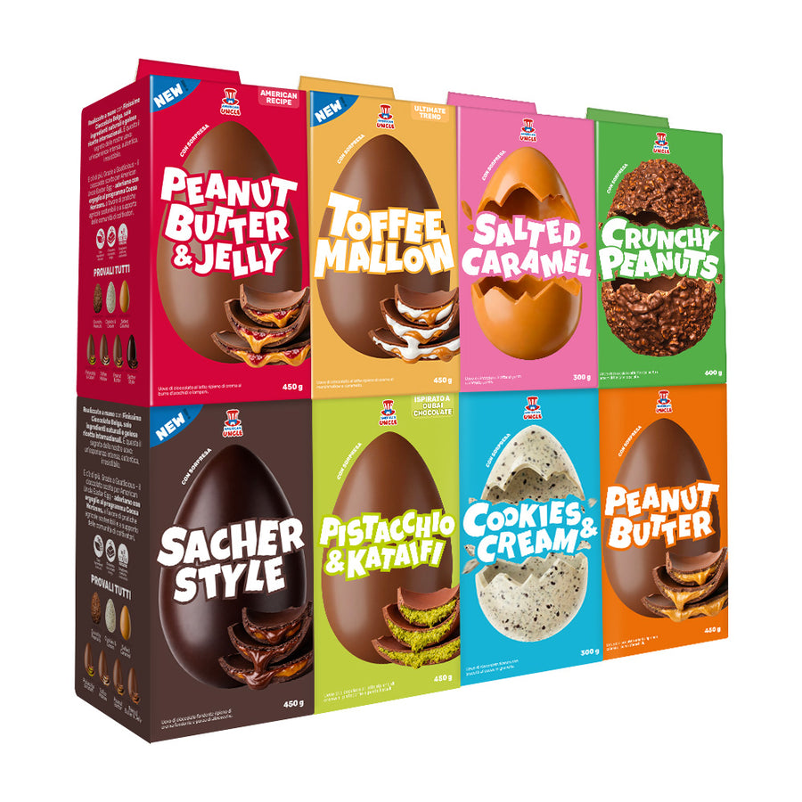 Alle paaseieren: pindakaas en jam, karamel en marshmallow, gezouten karamel, knapperige pinda's, jam en pure chocolade, pistache en kataifi, cookies and cream, pindakaas