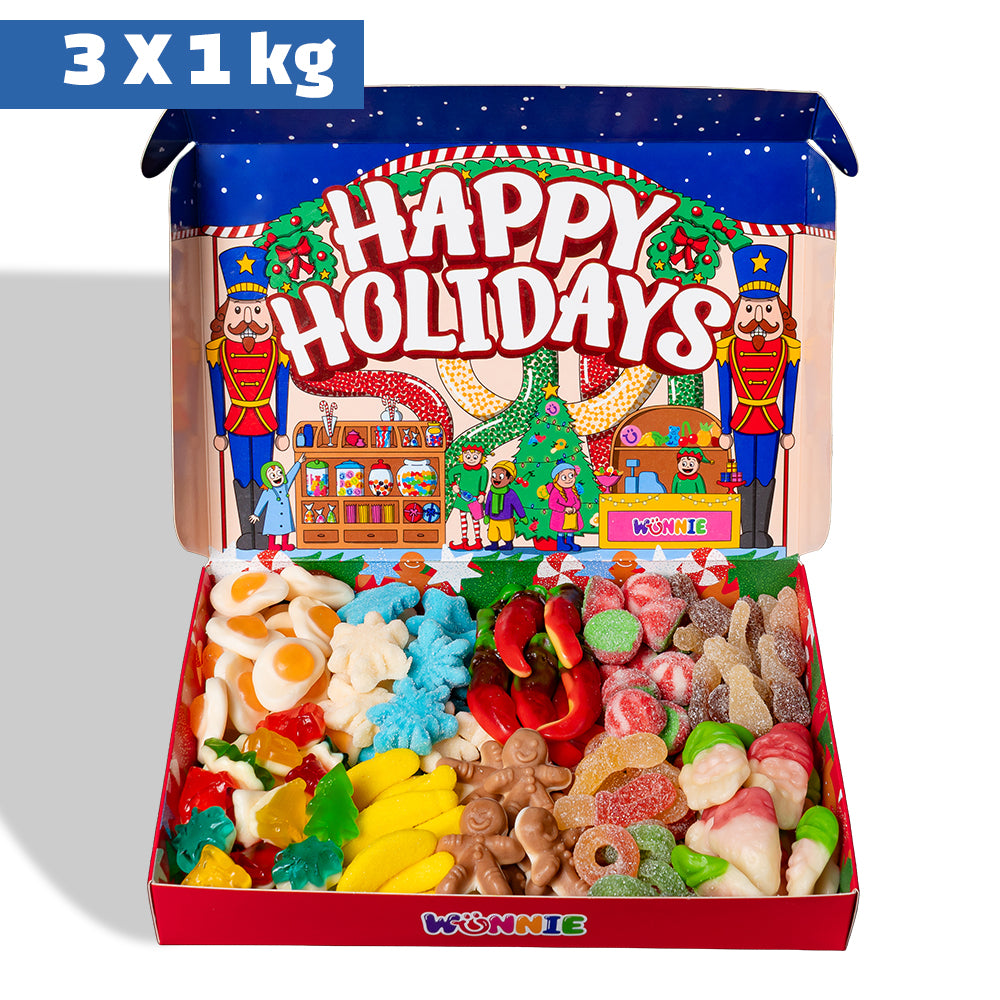Wunnie box “Fijne feestdagen”, de Candy box om samen te stellen met je favoriete gummy snoepjes - 1 kg 