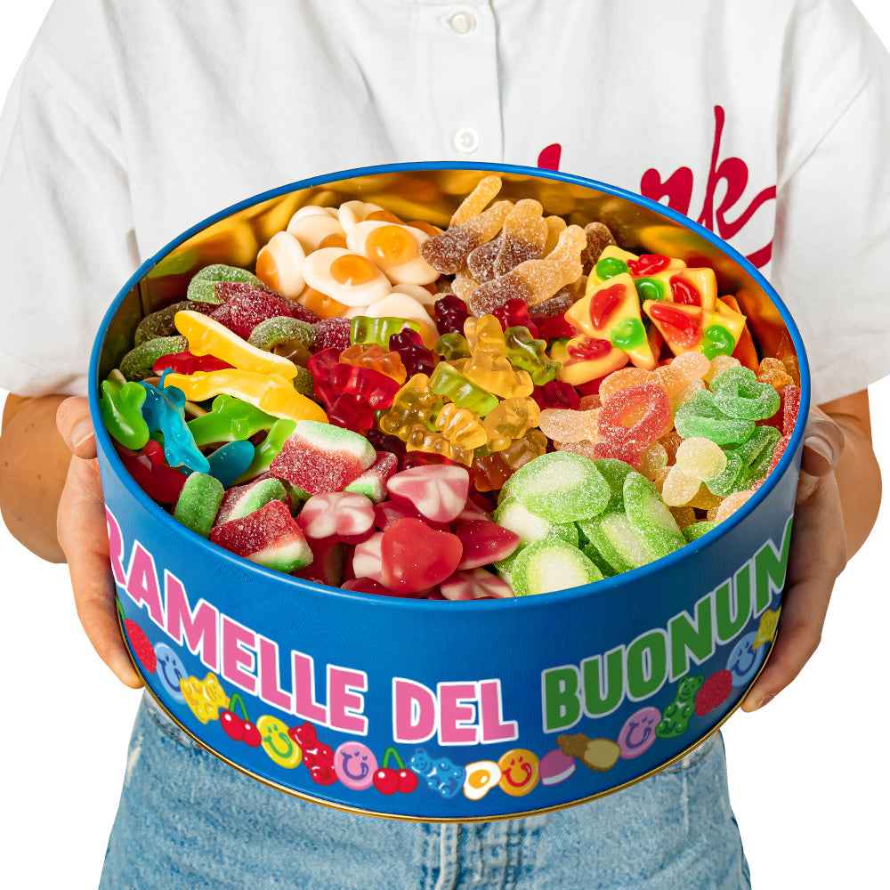 Wunnie Bucket "Open als je een opkikker nodig hebt", blik met gomballen om samen te stellen met je favoriete smaken - 3 kg 