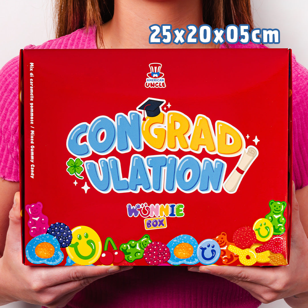 Wunnie box "Congradulation", doos met gomballen om samen te stellen met de favorieten van de afgestudeerde - 1 kg 