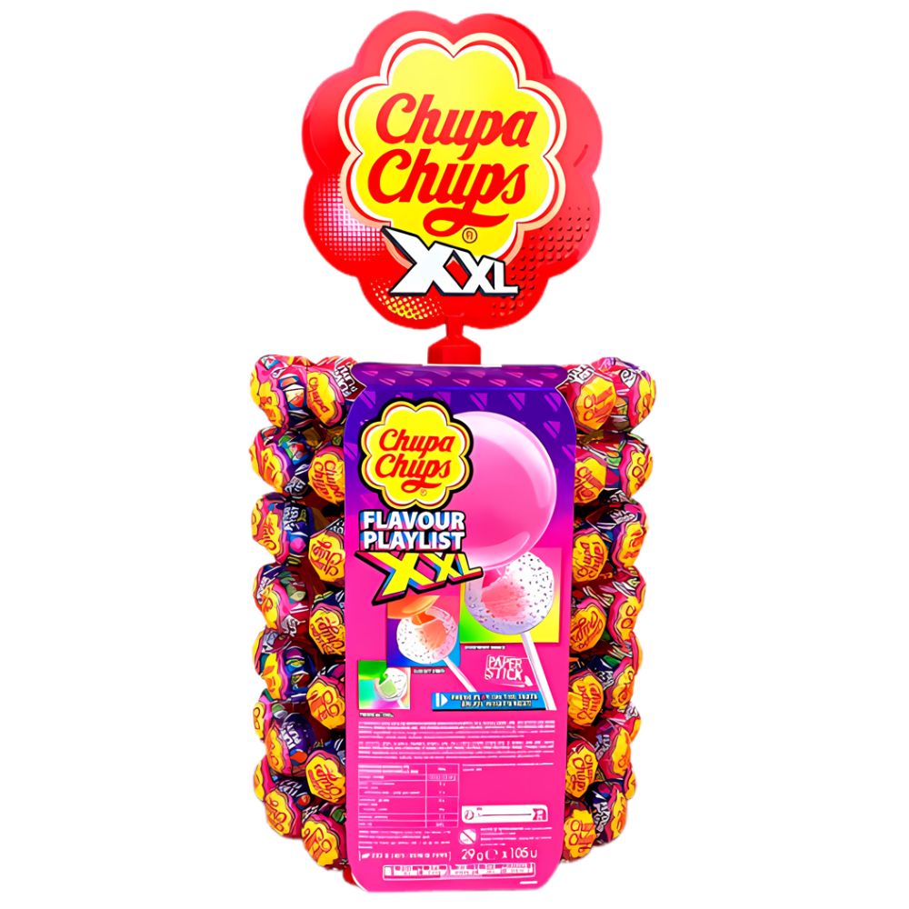 Chupa Chups XXL Playlist, lolly met kauwgomvulling met gemengde smaken van 29g (Verpakking van 105) 
