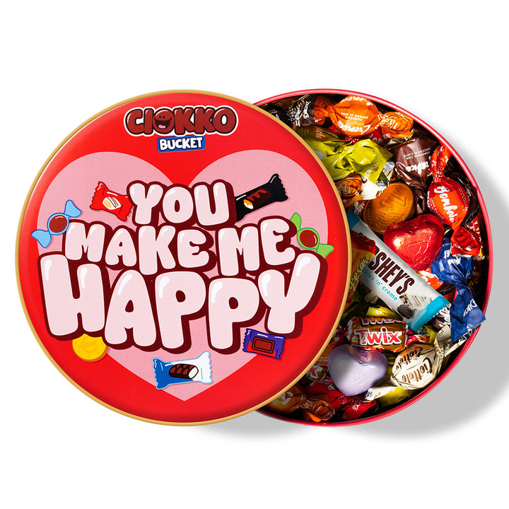 Ciokko Bucket “You make me happy”, een blik van 1 kg chocolaatjes die je kunt samenstellen met de favoriete smaken van je wederhelft 