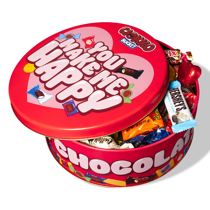 Ciokko Bucket “You make me happy”, een blik van 1 kg chocolaatjes die je kunt samenstellen met de favoriete smaken van je wederhelft 
