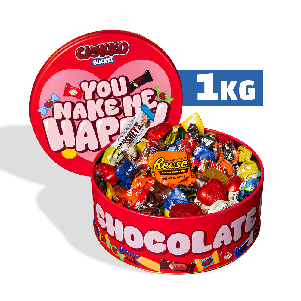 Ciokko Bucket “You make me happy”, een blik van 1 kg chocolaatjes die je kunt samenstellen met de favoriete smaken van je wederhelft 