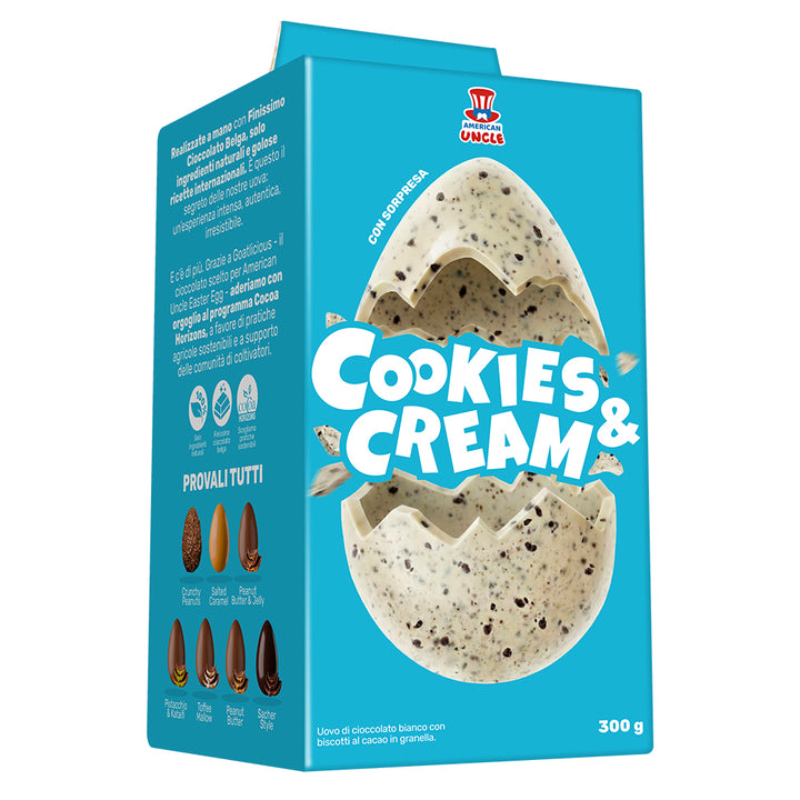 Paasei van 300g witte chocolade met stukjes koekje, American Uncle Egg Cookies and Cream