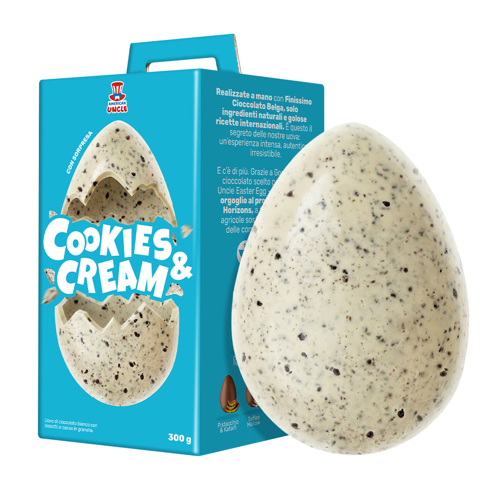 Paasei Cookies and Cream blauwe verpakking en ei