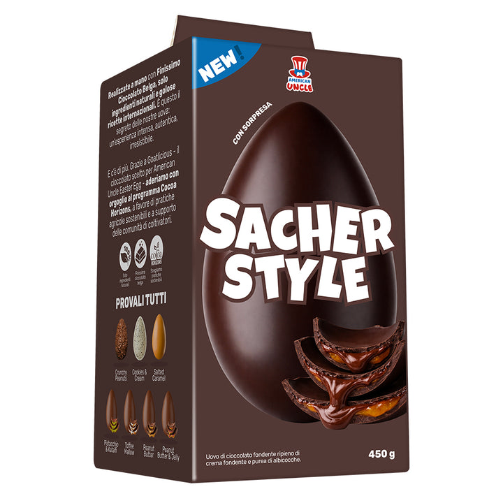 Paasei van 450g pure chocolade gevuld met abrikozenjam en pure chocolade American Uncle Egg Sacher Style