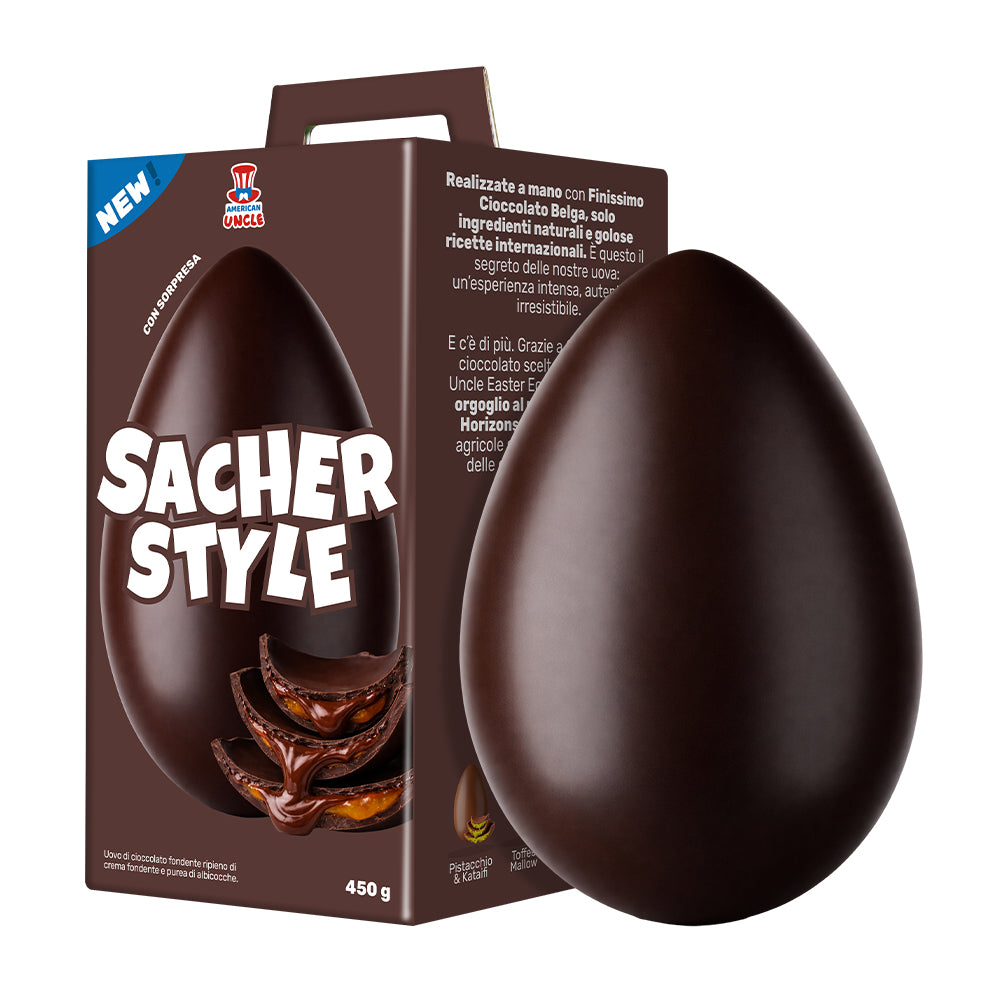 Paasei van 450g sacher stijl met pure chocoladeschil en vulling van jam en chocolade