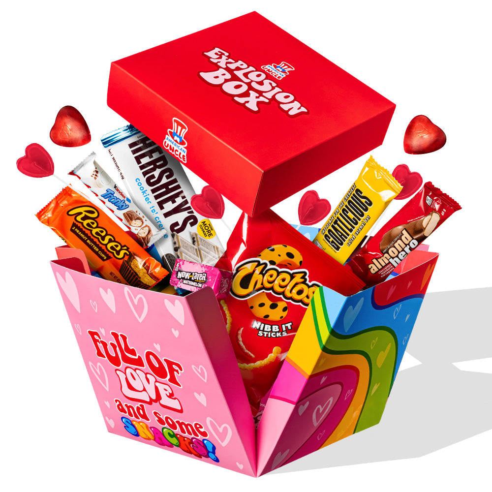 Explosie box “Liefde”, explosieve geschenkdoos met 20 snack verrassende zoete en hartige lekkernijen 
