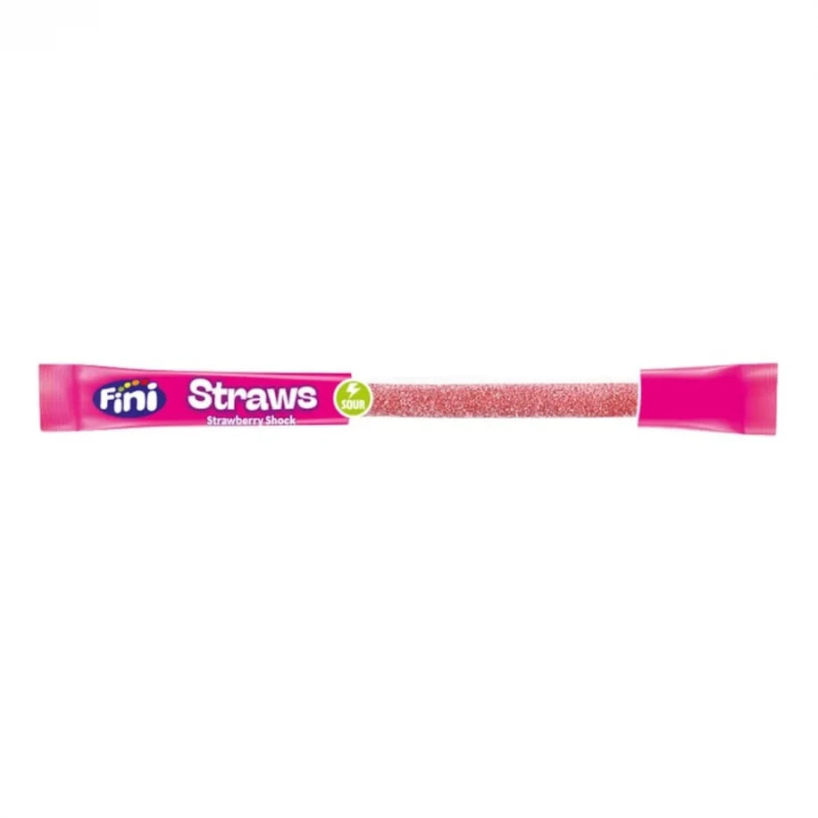 Fini Straws Sour Strawberry, snoep in de vorm van een rietje met sprankelende aardbeiensmaak van 25 g 