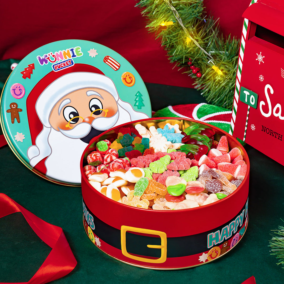 Wunnie Bucket 3 kg Happy Holidays: latta con la faccia di Babbo Natale e caramelle gommose natalizie