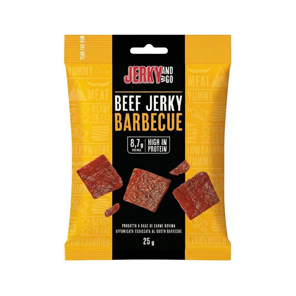 Jerky And Go Beef Jerky Barbecue, snack di carne bovina essiccata e affumicata al gusto barbecue da 25g.