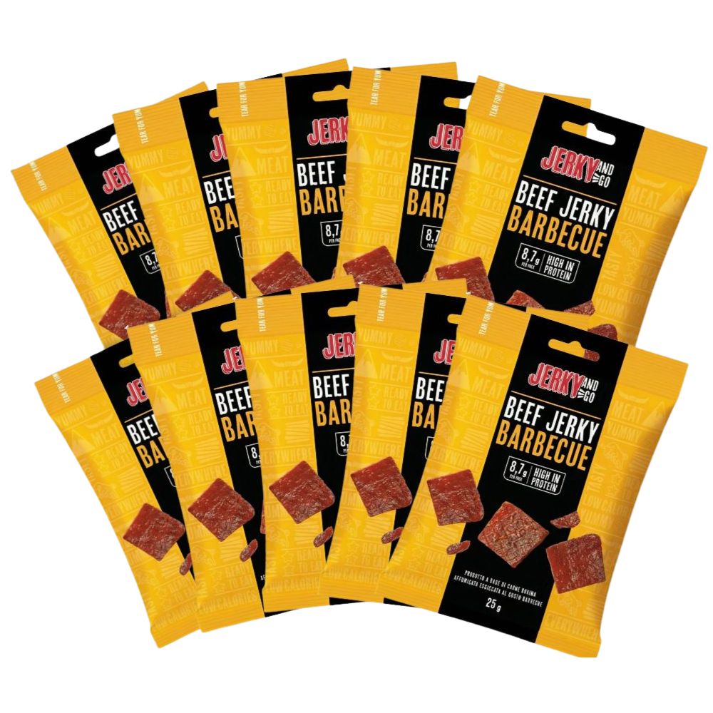 Jerky And Go Beef Jerky Barbecue, snack gedroogd en gerookt rundvlees met barbecuesmaak van 25g (Verpakking van 10) 